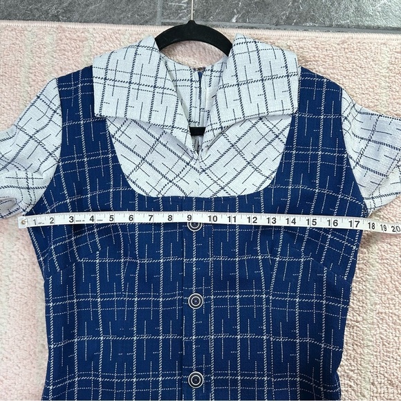 Vintage 1960s Navy and Off White Plaid Midi Dress Drop Waist Tie Belt Size 8 - Picture 6 of 12